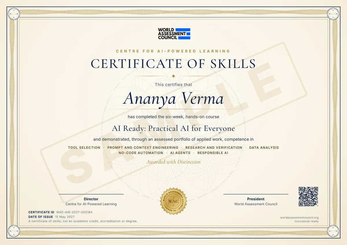 Sample WAC Certificate of Skills for AI Ready: Practical AI for Everyone, awarded with distinction, with a gold seal, certificate ID and QR code