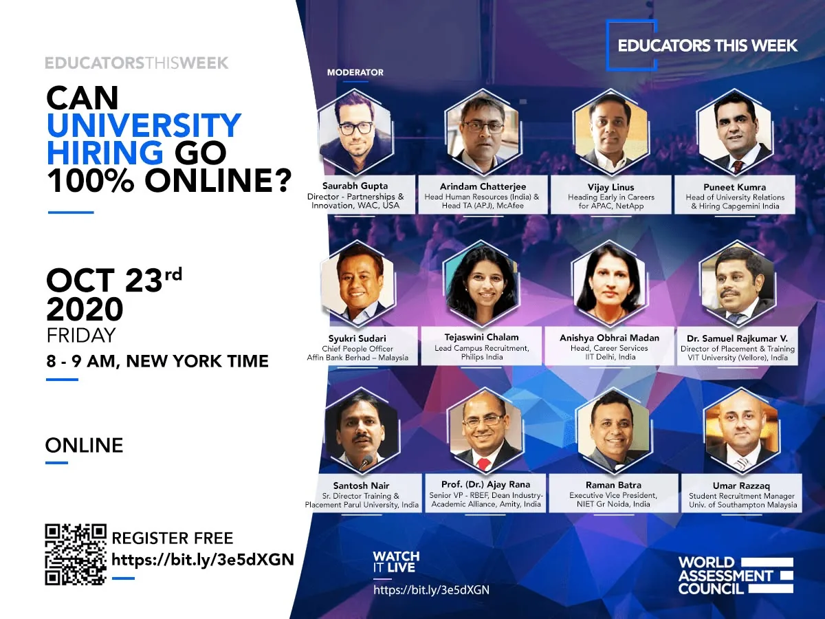 Poster for the Educators This Week session “Can University Hiring Go 100% Online?”, October 23, 2020