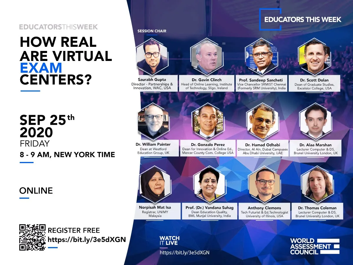 Poster for the Educators This Week session “How Real Are Virtual Exam Centers?”, September 25, 2020