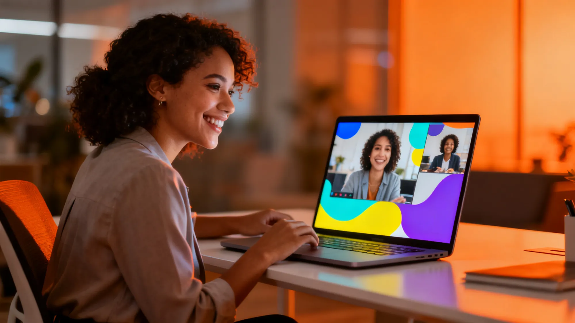A participant smiling as she joins the summit online