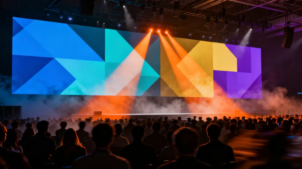 The summit main stage lit in the four centre colours